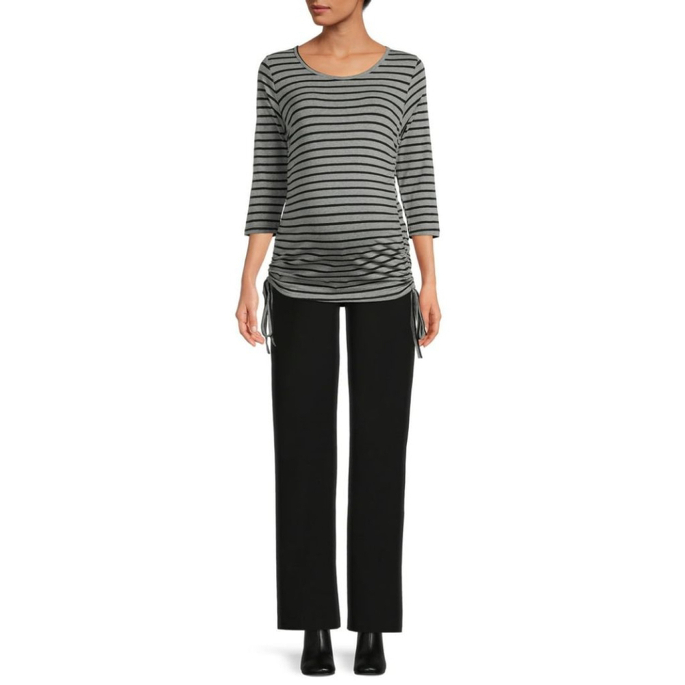 Oh Mamma! Heather Grey Black Striped 3/4 Sleeve Ruched Top with Ties NWT - Picture 3 of 5